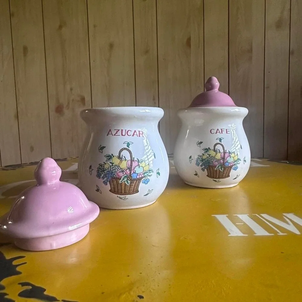 Vintage Cafe Azucar Jars Set of 2 Pastel Pink Lids Canisters Sugar Coffee Retro